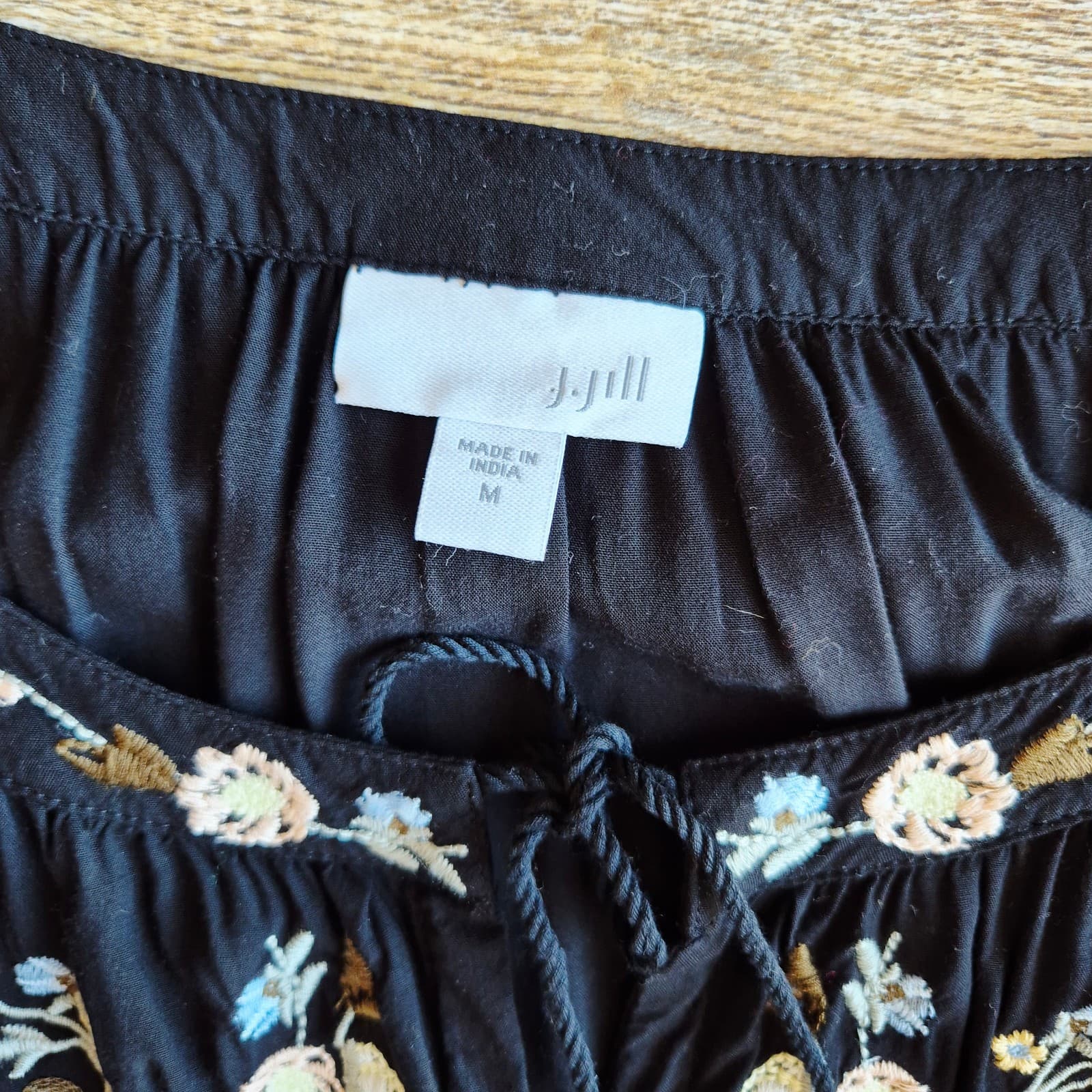 J.Jill Embroidered Peasant Blouse Tassel Button-Up 3/4 Sleeve Rayon Black Sz.M - Thumbnail 12