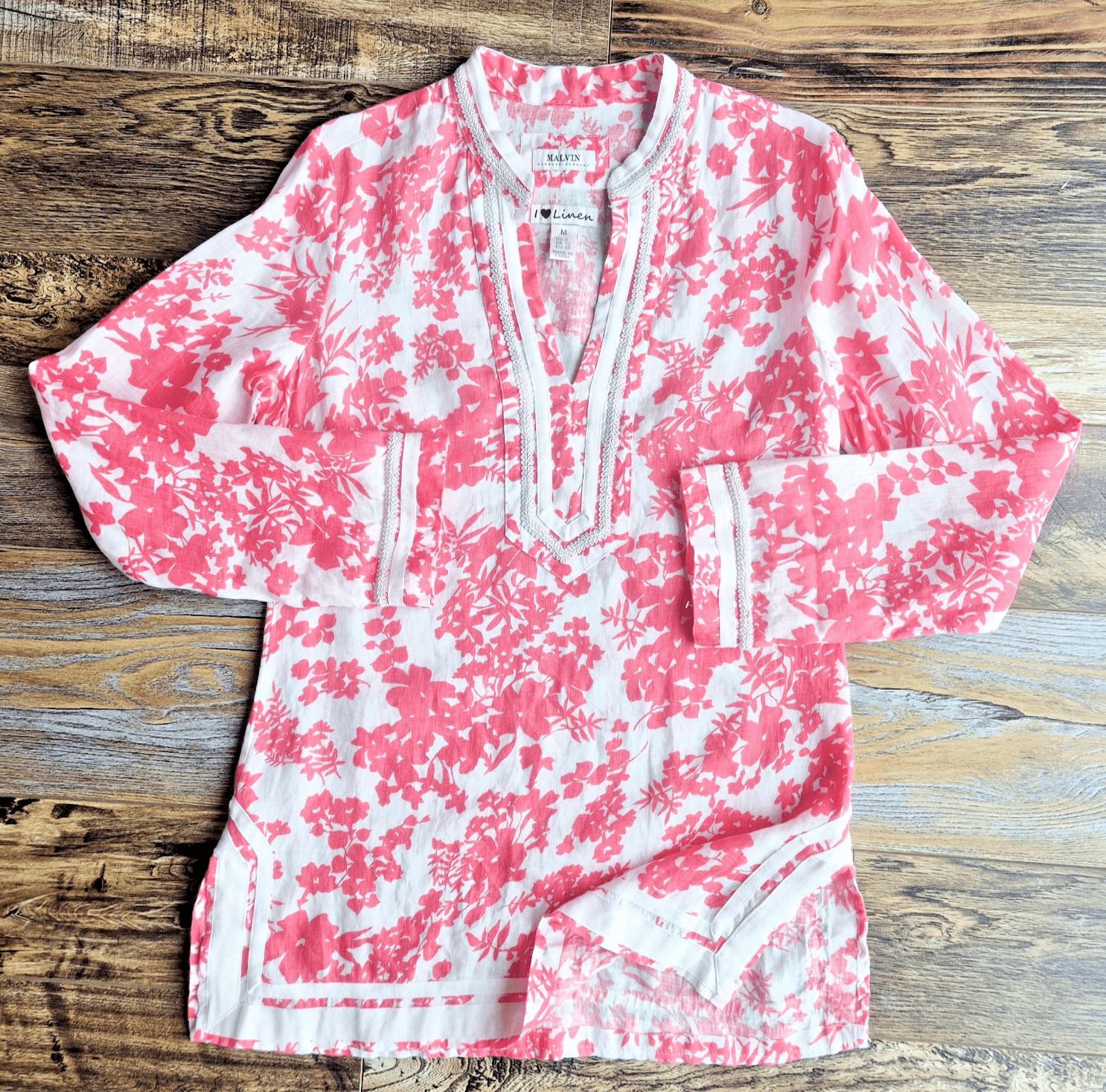 Malvin I Love Linen Pink Floral Tunic Blouse Popover V-Neck Long Sleeve Size M - Thumbnail 3