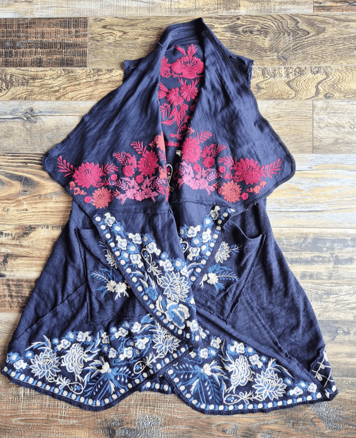 Coldwater Creek Sleeveless Embroidered Bohemian Drap Cardigan Vest Knit Blue XS - Thumbnail 2