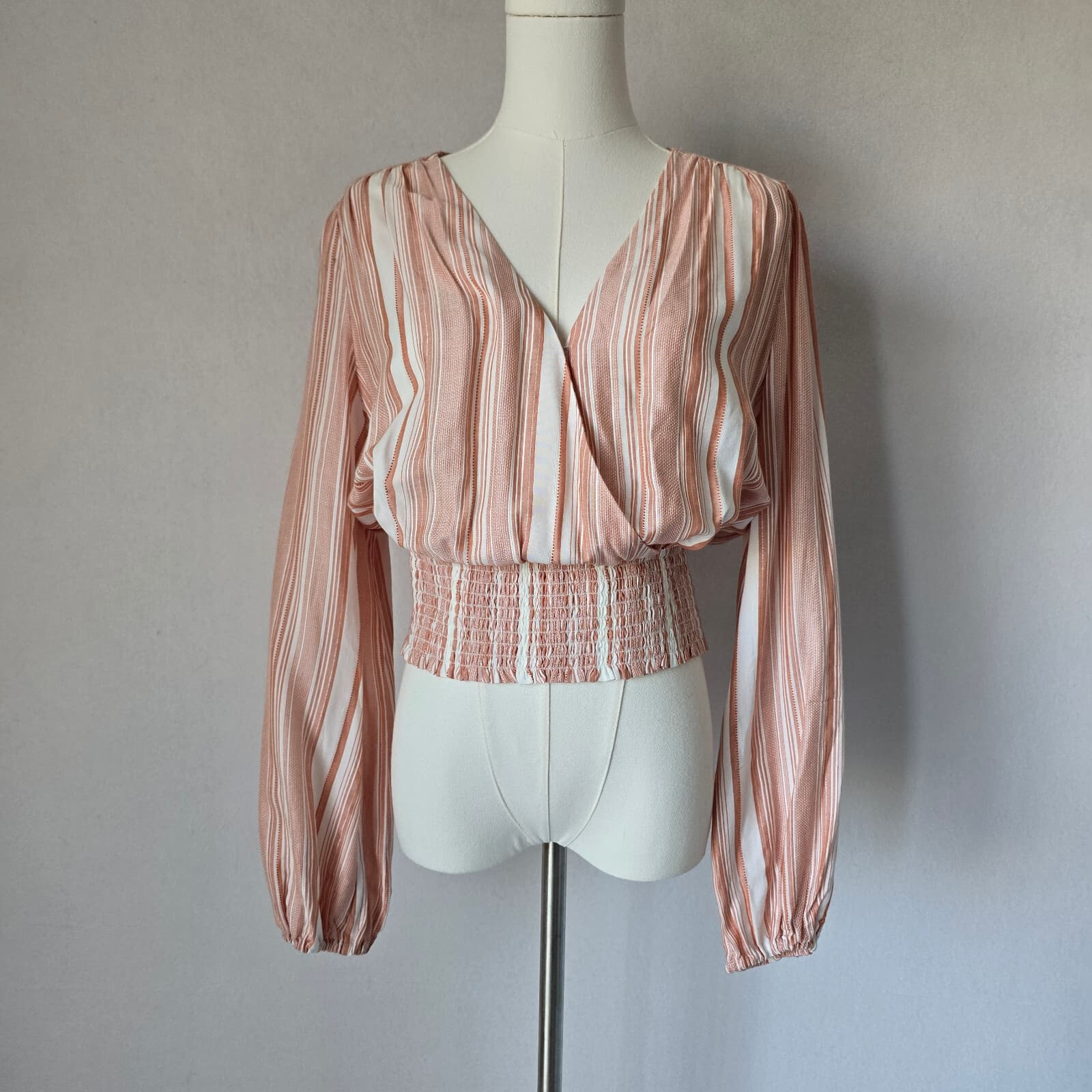PAIGE Naja Surplice Smocked Waist Blouse Long Sleeve Stripe Ivory Cinnabar Sz.M - Thumbnail 3