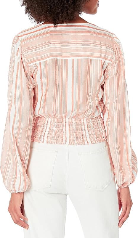 PAIGE Naja Surplice Smocked Waist Blouse Long Sleeve Stripe Ivory Cinnabar Sz.M - Thumbnail 8