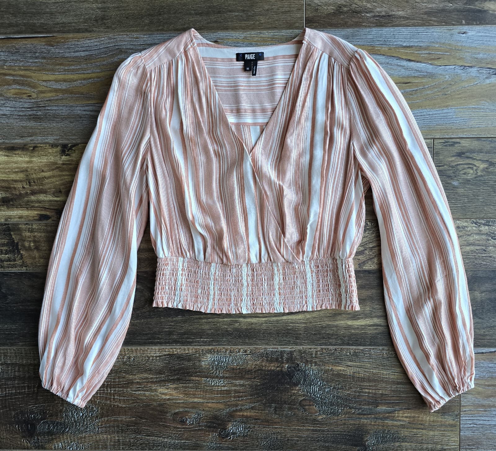 PAIGE Naja Surplice Smocked Waist Blouse Long Sleeve Stripe Ivory Cinnabar Sz.M - Thumbnail 9