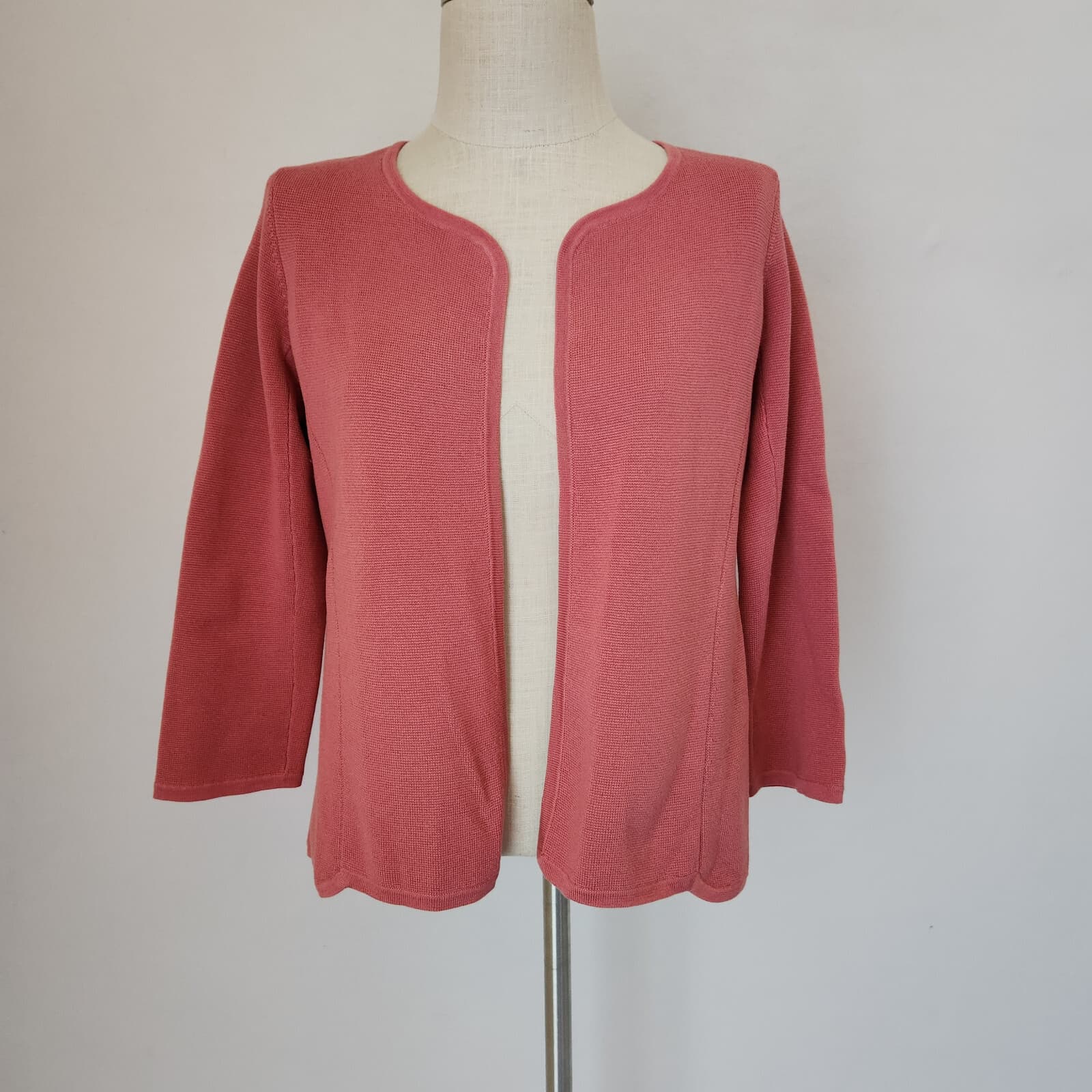 EILEEN FISHER Silk Organic Cotton Blend Open Front Crop Cardigan Salmon Pink PM - Thumbnail 2