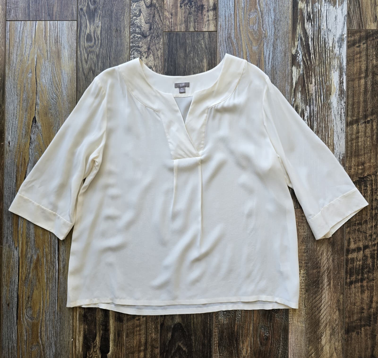 J.Jill 100% Silk Satin Popover Blouse Relax-Fit 3/4 Sleeve V-Neck Ivory Women MP - Thumbnail 3