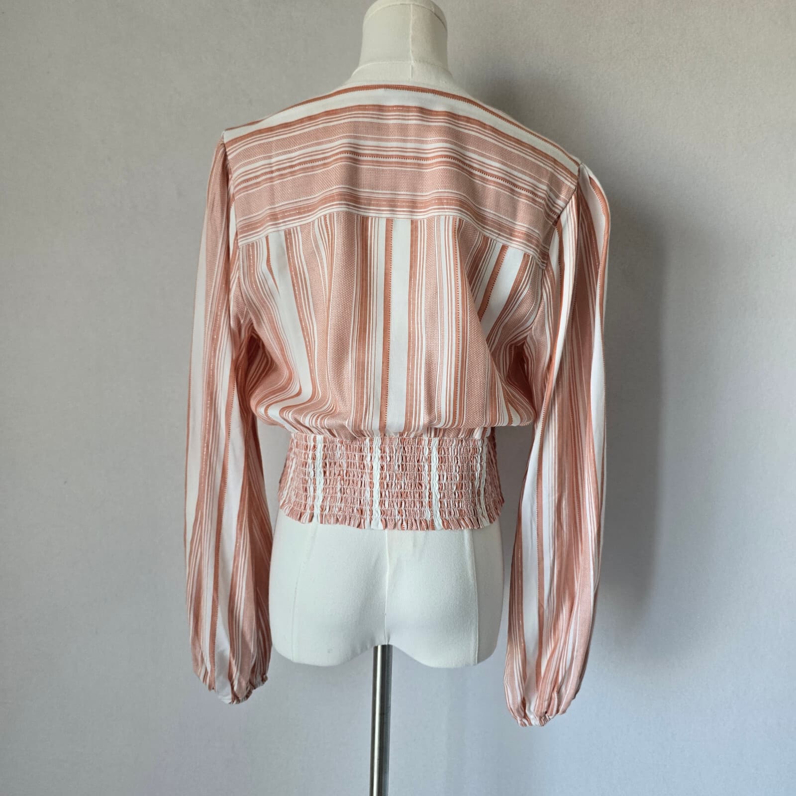 PAIGE Naja Surplice Smocked Waist Blouse Long Sleeve Stripe Ivory Cinnabar Sz.M - Thumbnail 7