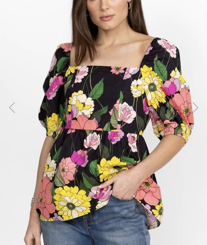 Johnny Was Jade $198 Marisol Floral Square Neck Blouse Smocked Black Cotton Sz.S - Thumbnail 10
