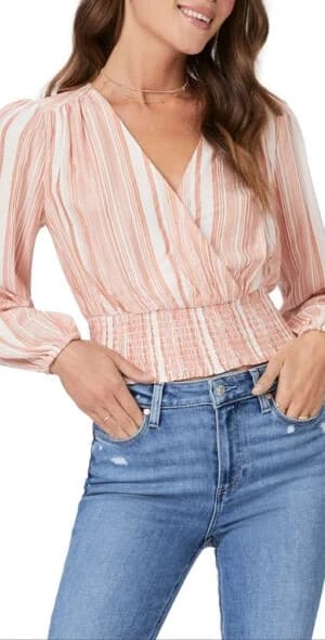 PAIGE Naja Surplice Smocked Waist Blouse Long Sleeve Stripe Ivory Cinnabar Sz.M - Thumbnail 2