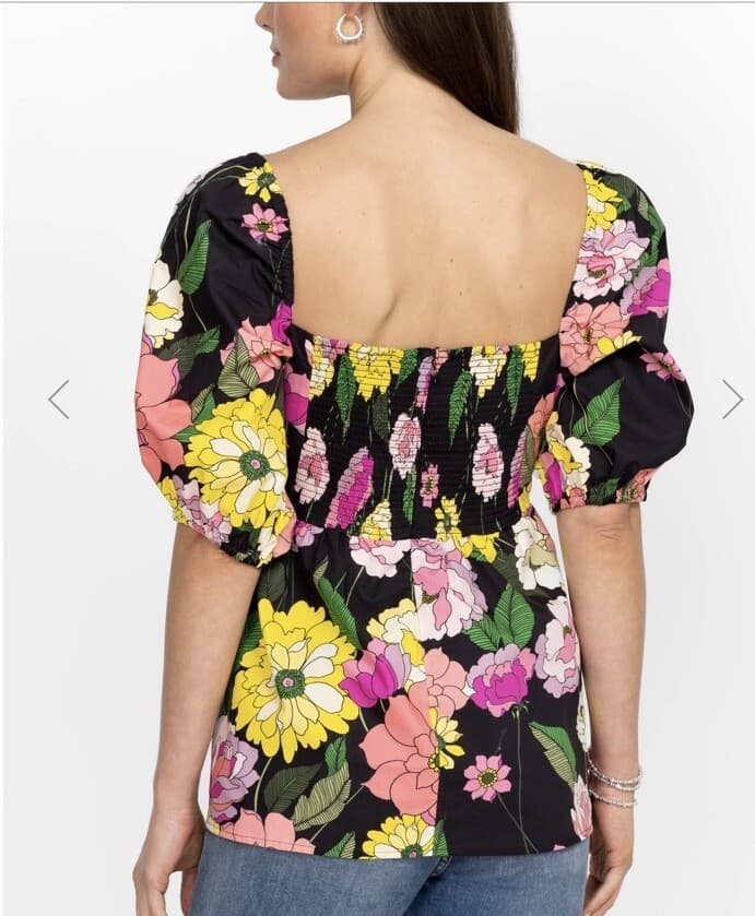 Johnny Was Jade $198 Marisol Floral Square Neck Blouse Smocked Black Cotton Sz.S - Thumbnail 7