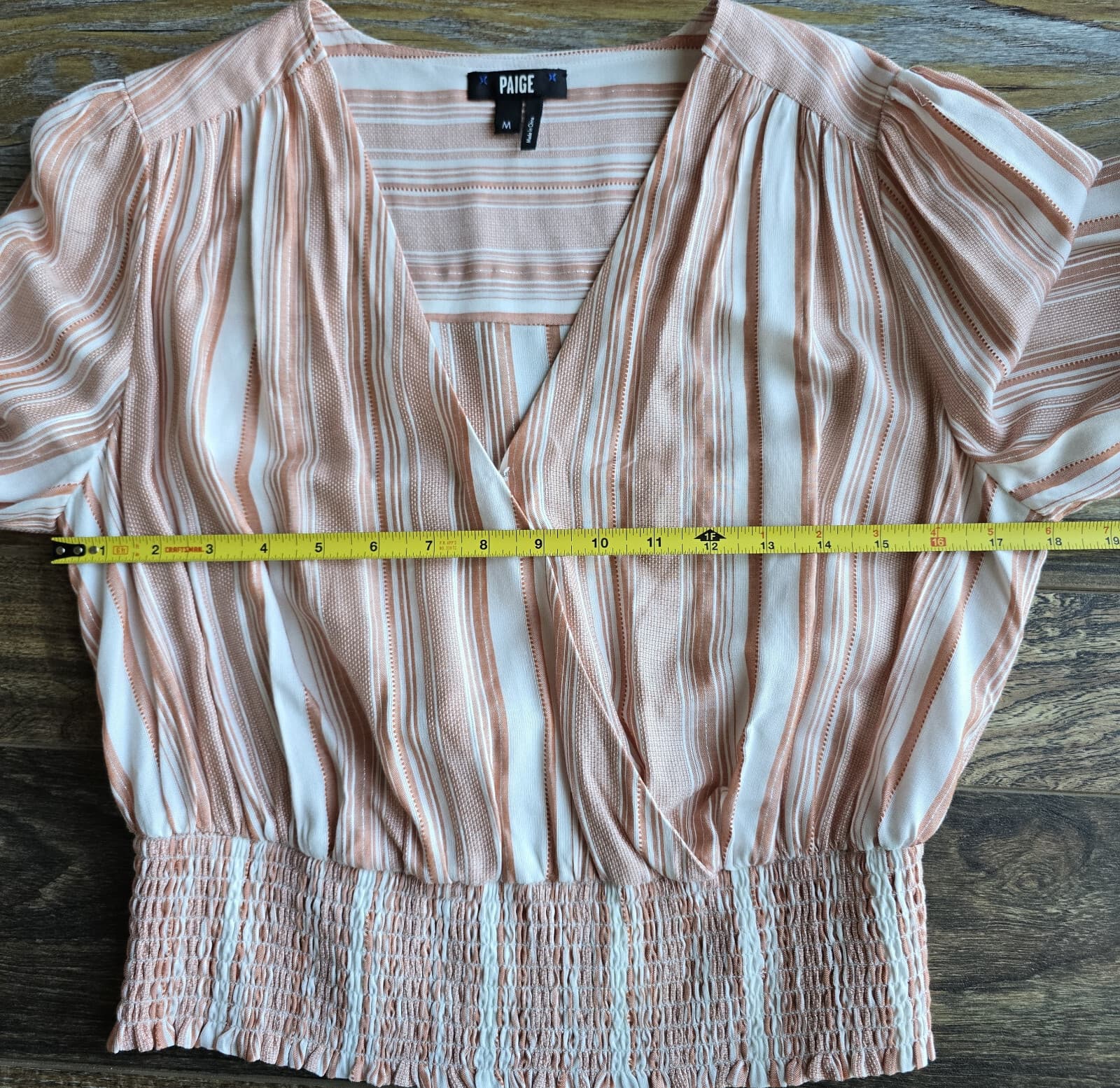 PAIGE Naja Surplice Smocked Waist Blouse Long Sleeve Stripe Ivory Cinnabar Sz.M - Thumbnail 13