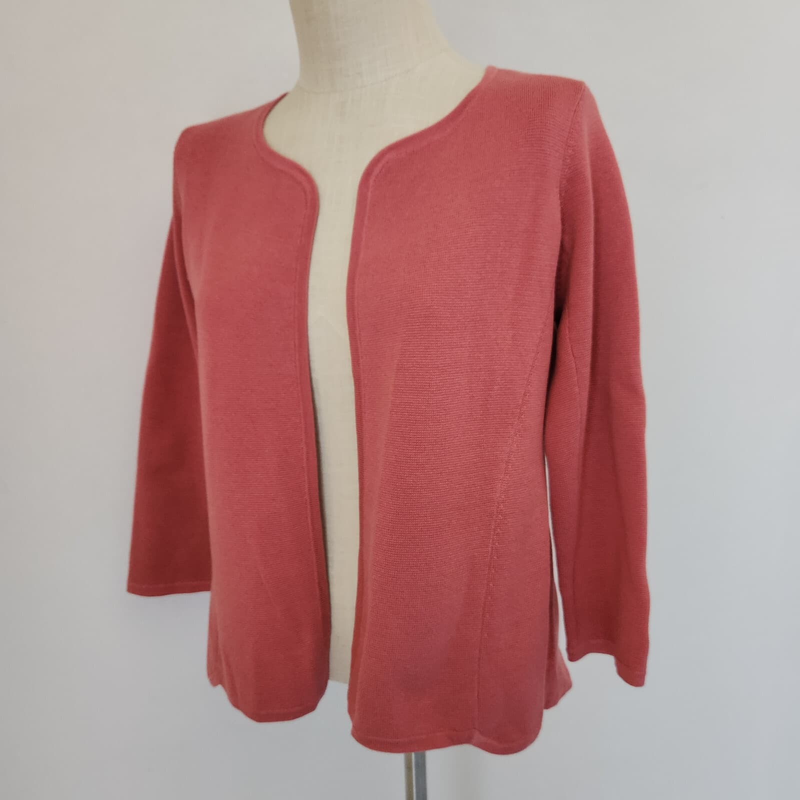 EILEEN FISHER Silk Organic Cotton Blend Open Front Crop Cardigan Salmon Pink PM - Thumbnail 3