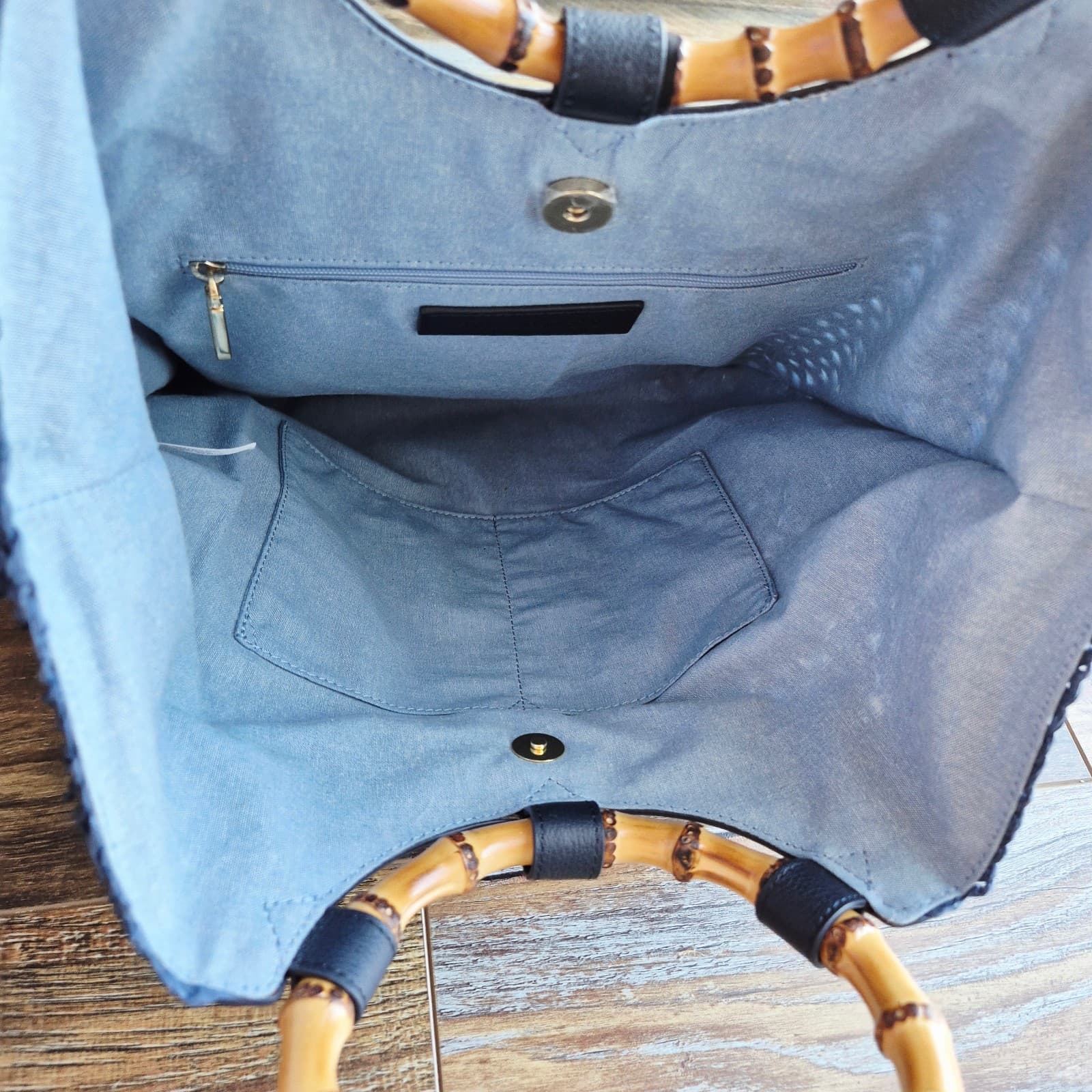 NWoT Talbots 100% Paper Straw Round Bamboo Handle Leather Trim Tote Bag Blue - Thumbnail 9