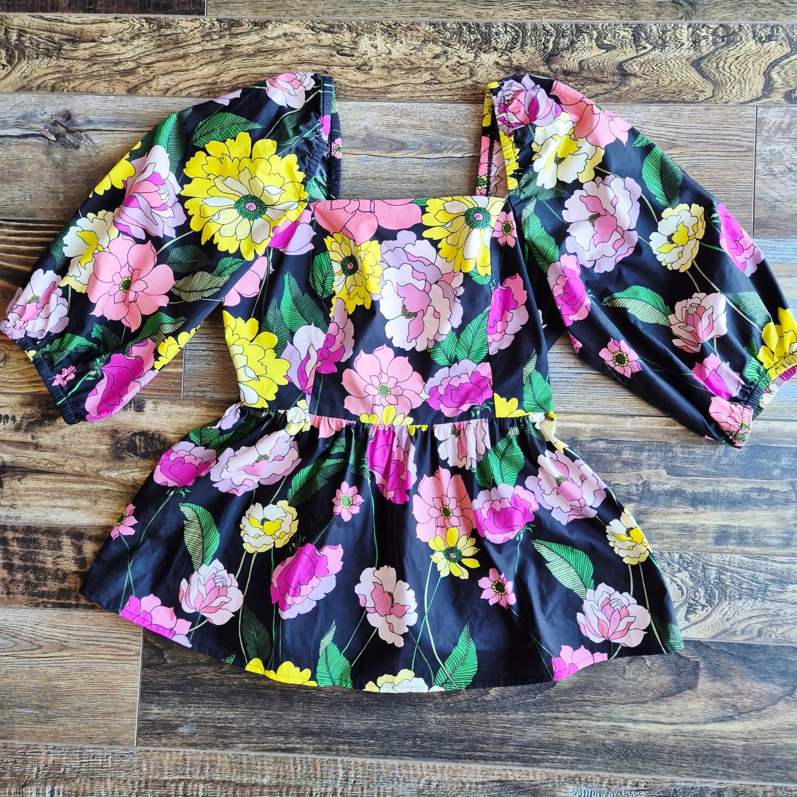 Johnny Was Jade $198 Marisol Floral Square Neck Blouse Smocked Black Cotton Sz.S - Thumbnail 6