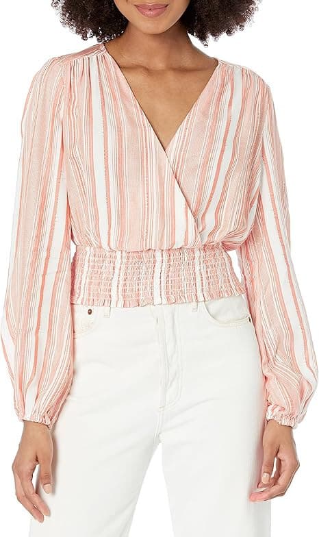PAIGE Naja Surplice Smocked Waist Blouse Long Sleeve Stripe Ivory Cinnabar Sz.M - Thumbnail 5