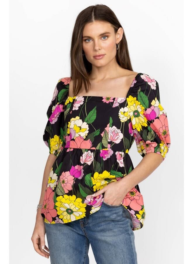 Johnny Was Jade $198 Marisol Floral Square Neck Blouse Smocked Black Cotton Sz.S - Thumbnail 4