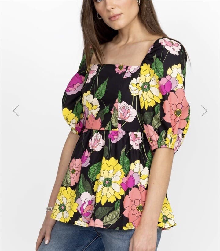 Johnny Was Jade $198 Marisol Floral Square Neck Blouse Smocked Black Cotton Sz.S - Thumbnail 3