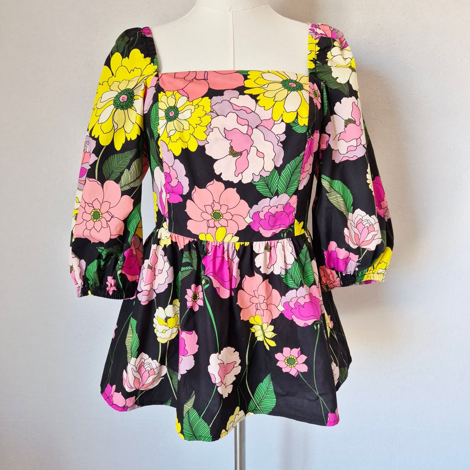 Johnny Was Jade $198 Marisol Floral Square Neck Blouse Smocked Black Cotton Sz.S