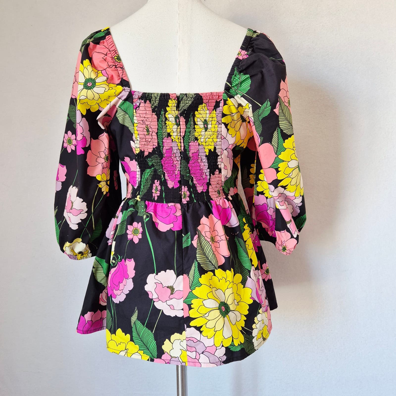 Johnny Was Jade $198 Marisol Floral Square Neck Blouse Smocked Black Cotton Sz.S - Thumbnail 8