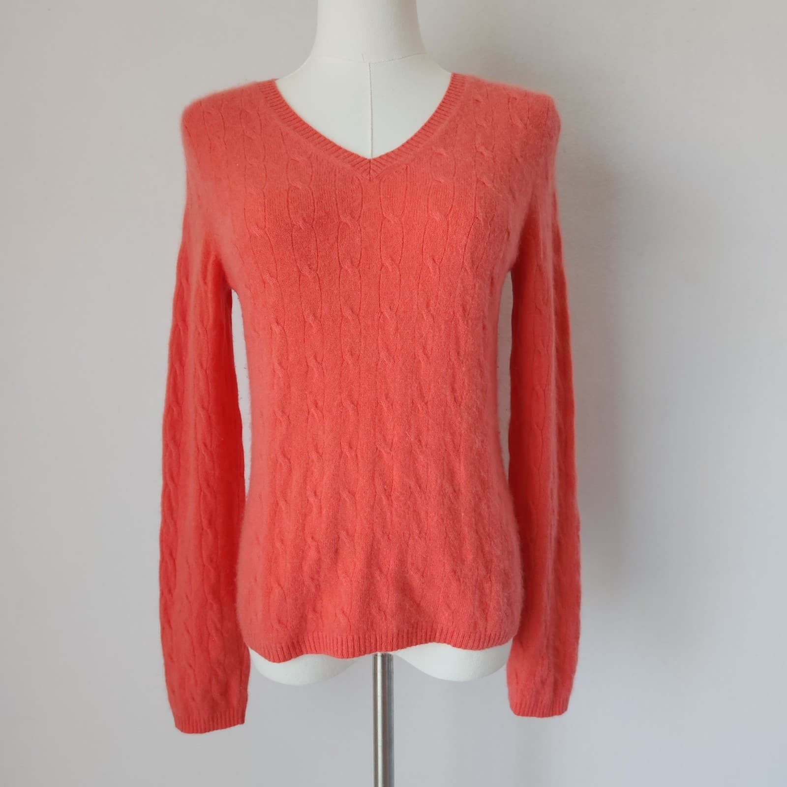 Charter Club 2-Ply Cashmere Made in Mongolia Cable Knit V-Neck Sweater Orange S - Thumbnail 2