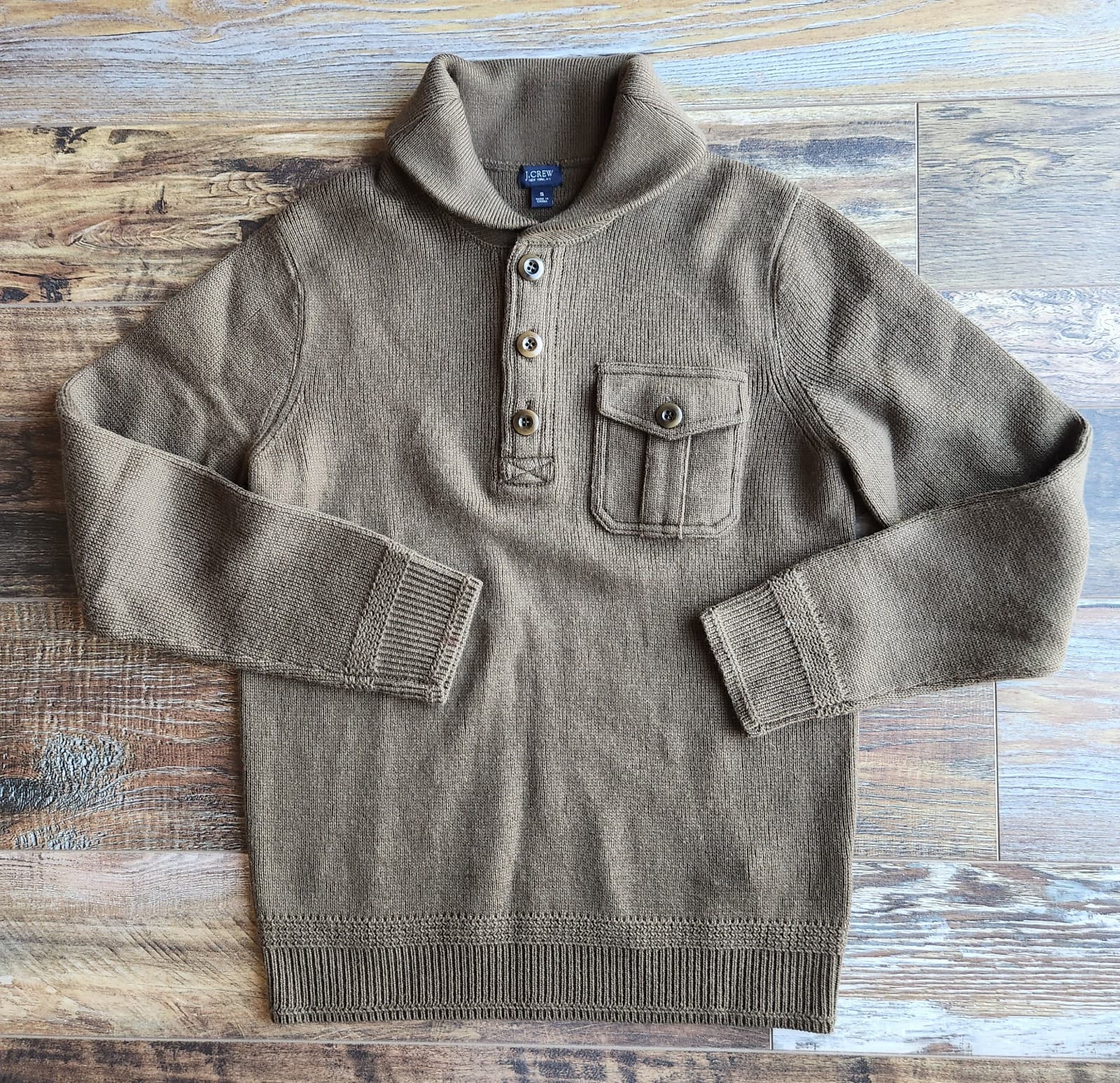 J.Crew Rugged Wool Sweater Shawl Collar 1/4 Button Pocket Olive Green Men's S - Thumbnail 2