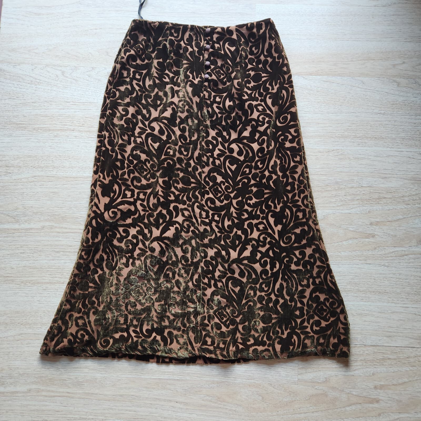 Wah Maker True West Burnout Velvet Midi A-Line Skirt Silk Blend Brown Sz.16 - Thumbnail 3