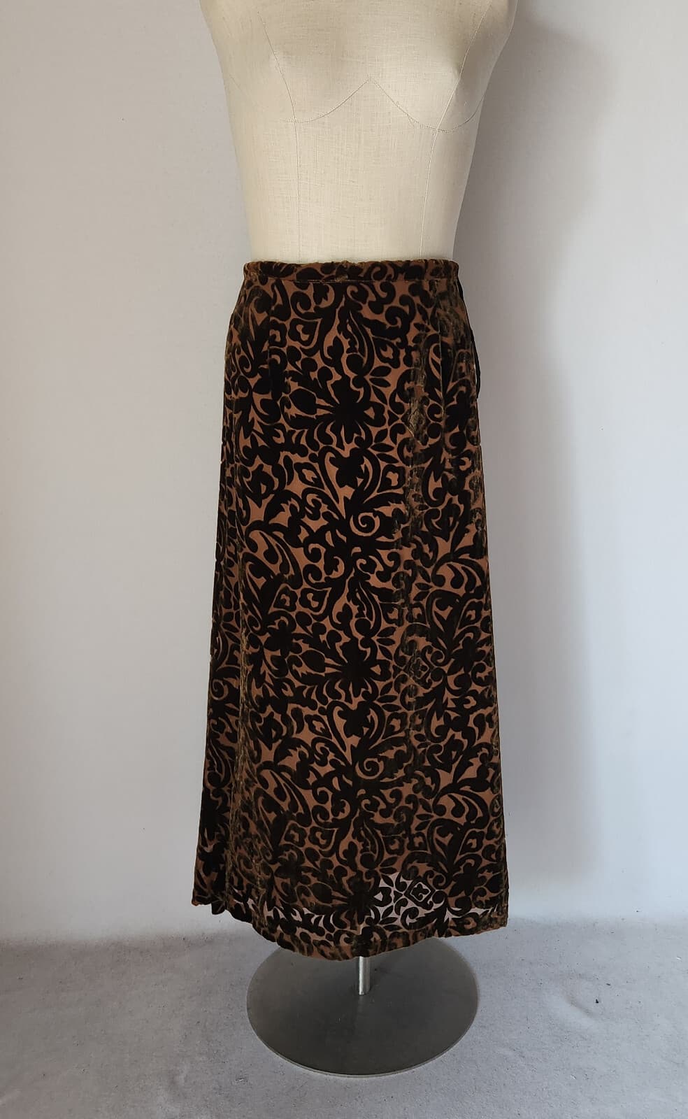 Wah Maker True West Burnout Velvet Midi A-Line Skirt Silk Blend Brown Sz.16 - Thumbnail 2