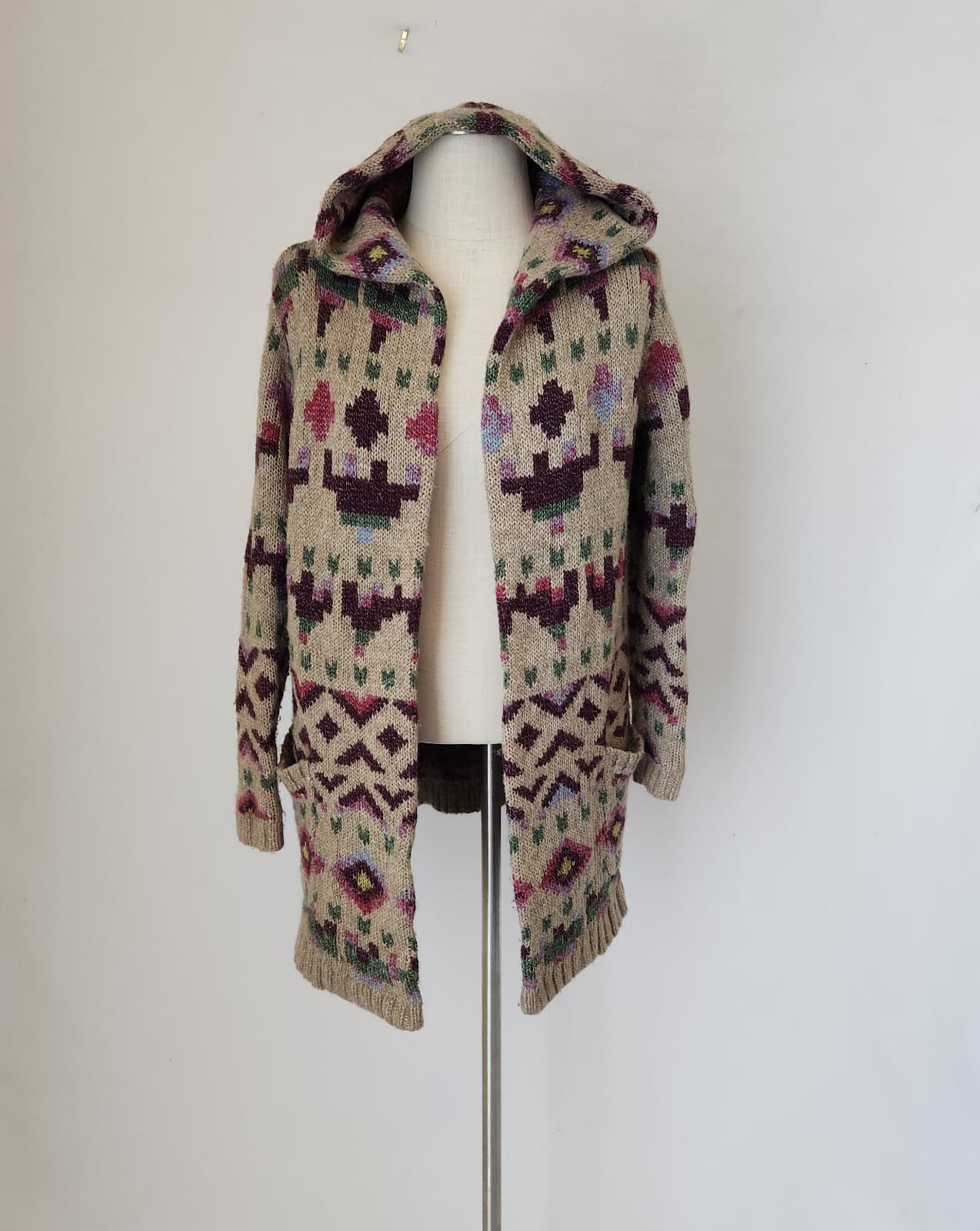 J. Jill Lenox Hooded Aztec Topper Duster Cardigan Coat Pockets Wool Blend Sz.S