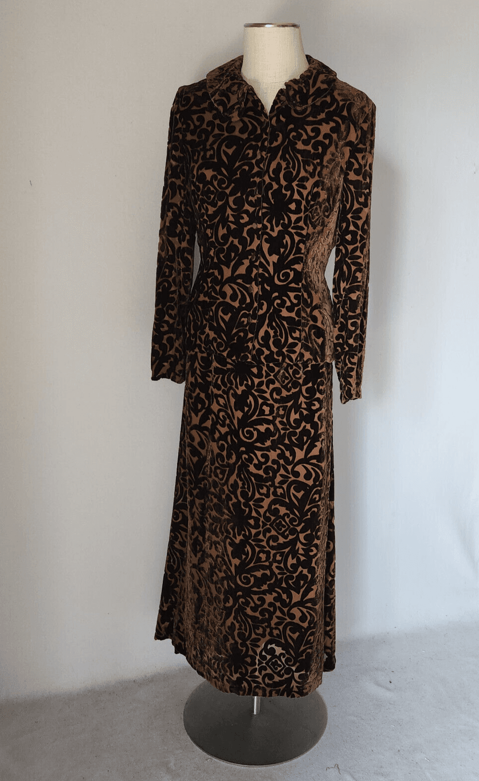 Wah Maker True West Burnout Velvet Midi A-Line Skirt Silk Blend Brown Sz.16 - Thumbnail 9
