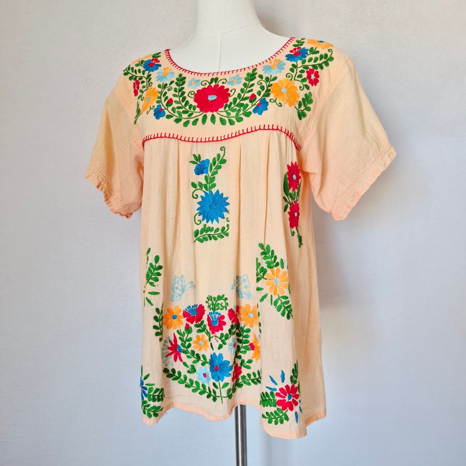 SIREN Mexican Camisa Blusa Floral Embroidered Blouse Short Sleeve Orange Bust 37 - Thumbnail 2