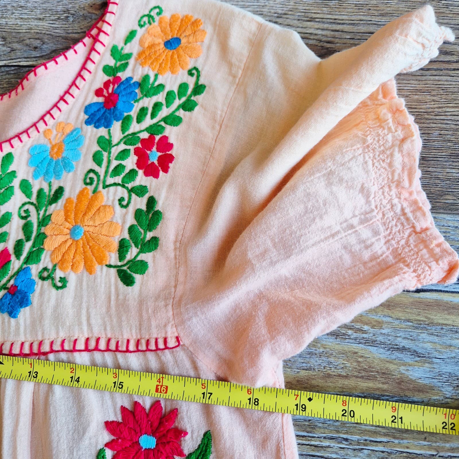 SIREN Mexican Camisa Blusa Floral Embroidered Blouse Short Sleeve Orange Bust 37 - Thumbnail 8