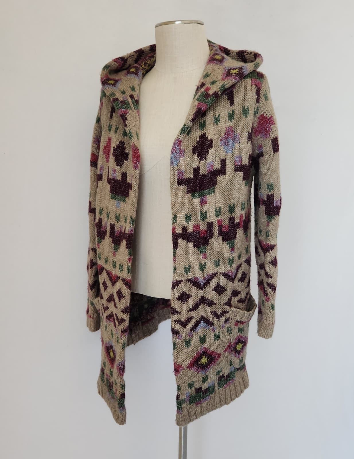 J. Jill Lenox Hooded Aztec Topper Duster Cardigan Coat Pockets Wool Blend Sz.S - Thumbnail 5