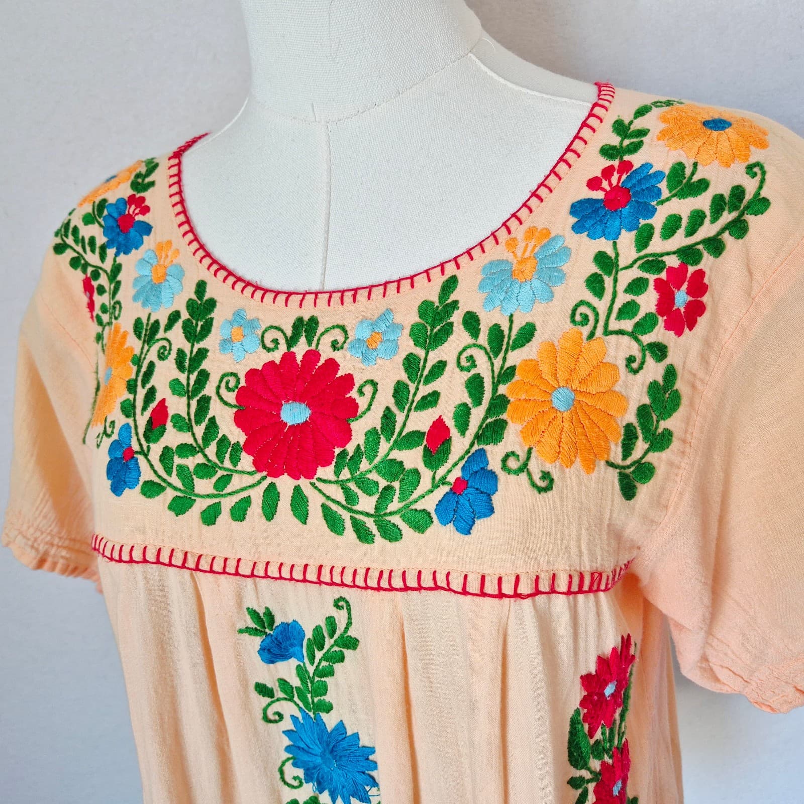 SIREN Mexican Camisa Blusa Floral Embroidered Blouse Short Sleeve Orange Bust 37 - Thumbnail 4