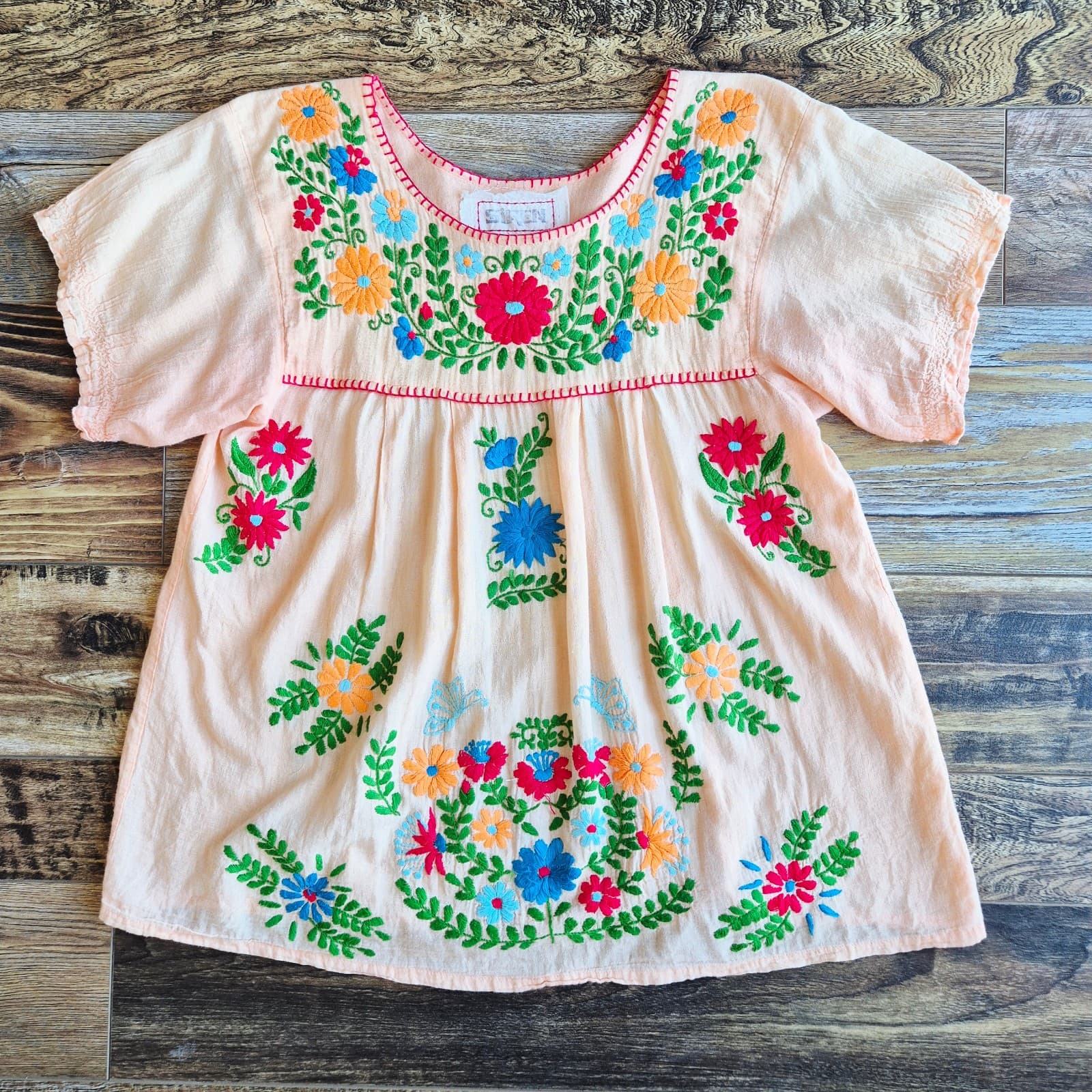 SIREN Mexican Camisa Blusa Floral Embroidered Blouse Short Sleeve Orange Bust 37 - Thumbnail 3