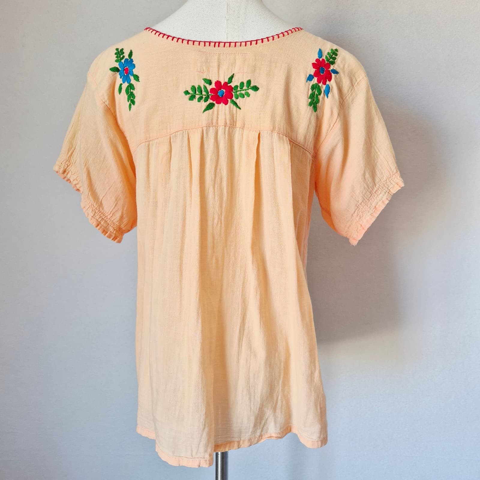 SIREN Mexican Camisa Blusa Floral Embroidered Blouse Short Sleeve Orange Bust 37 - Thumbnail 5