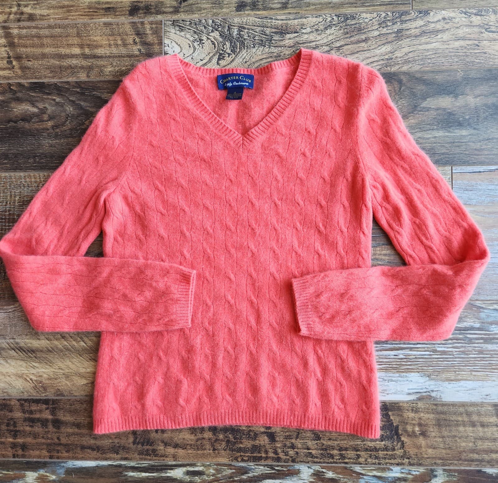 Charter Club 2-Ply Cashmere Made in Mongolia Cable Knit V-Neck Sweater Orange S - Thumbnail 3