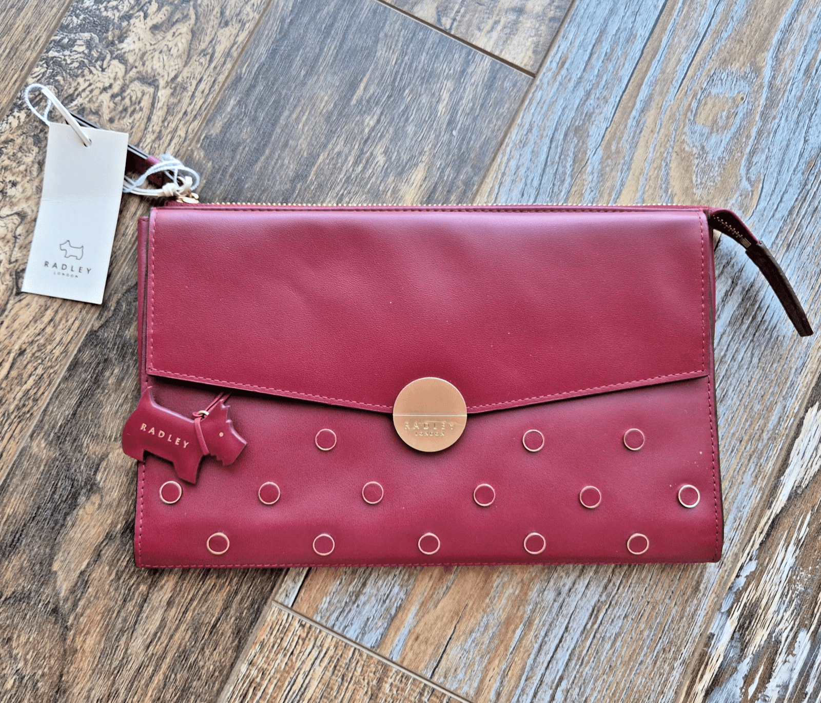 NWT Radley London Broad Street Studded Red Berry Leather Clutch Bag Zip/Snap - Thumbnail 2