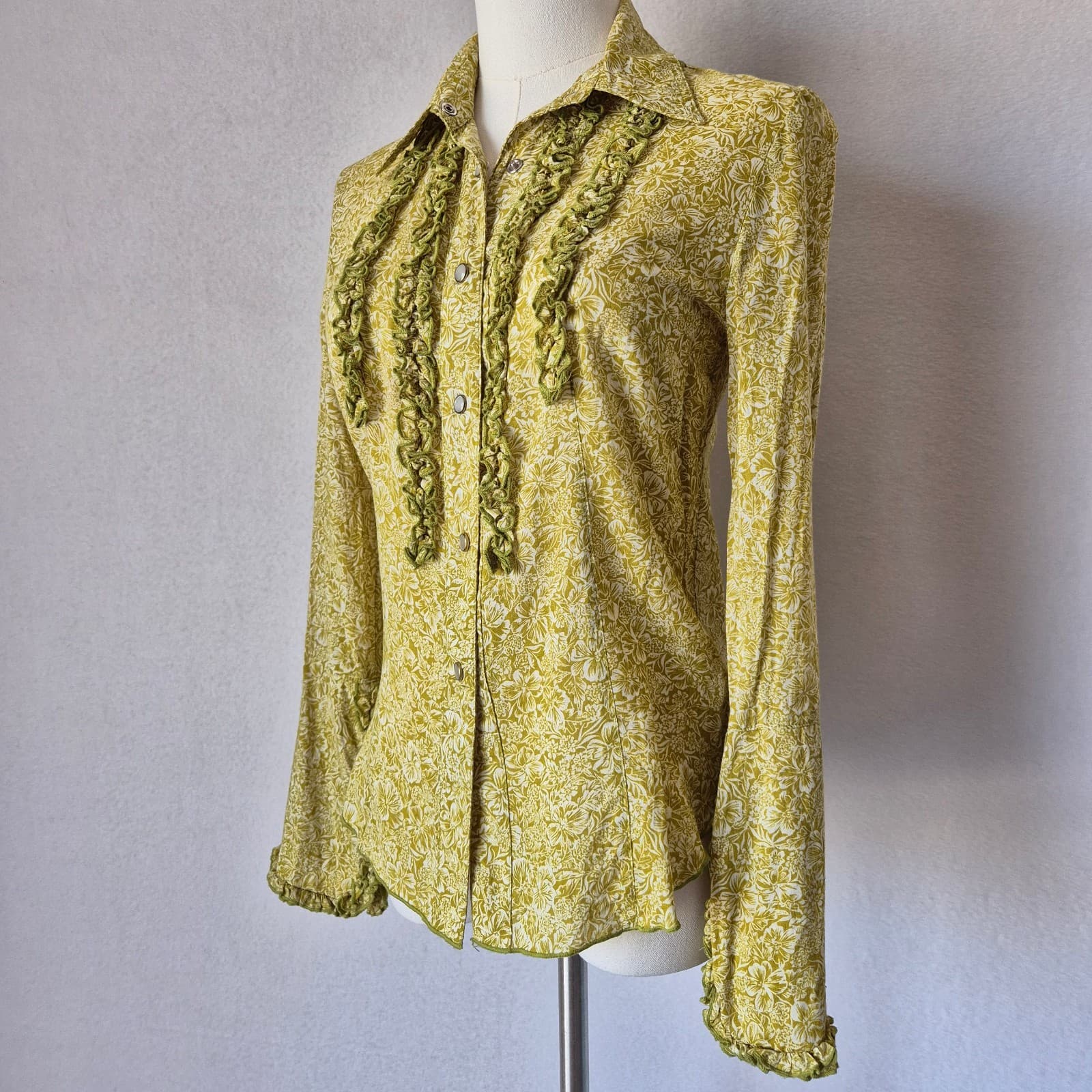 Vintage ANNA HULING USA Made Floral Ruffle Pearl Snap Western Shirt Green Sz.S
