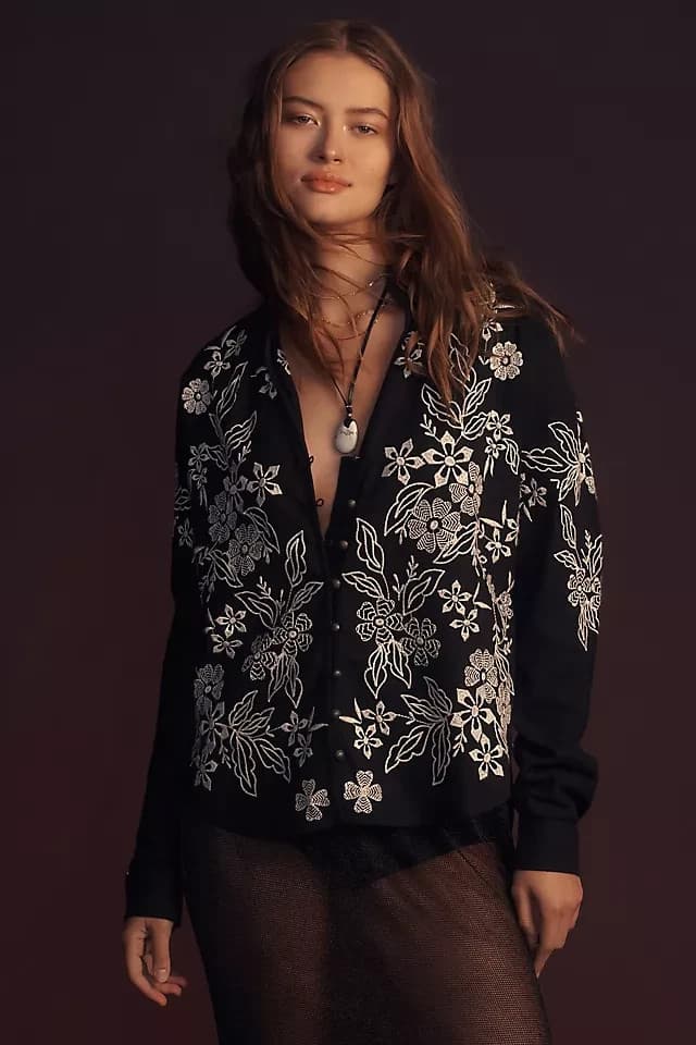 NWoT Pilcro Anthropologie Tavi Floral Embroidered Linen Blend Button Blouse Sz.S - Thumbnail 7