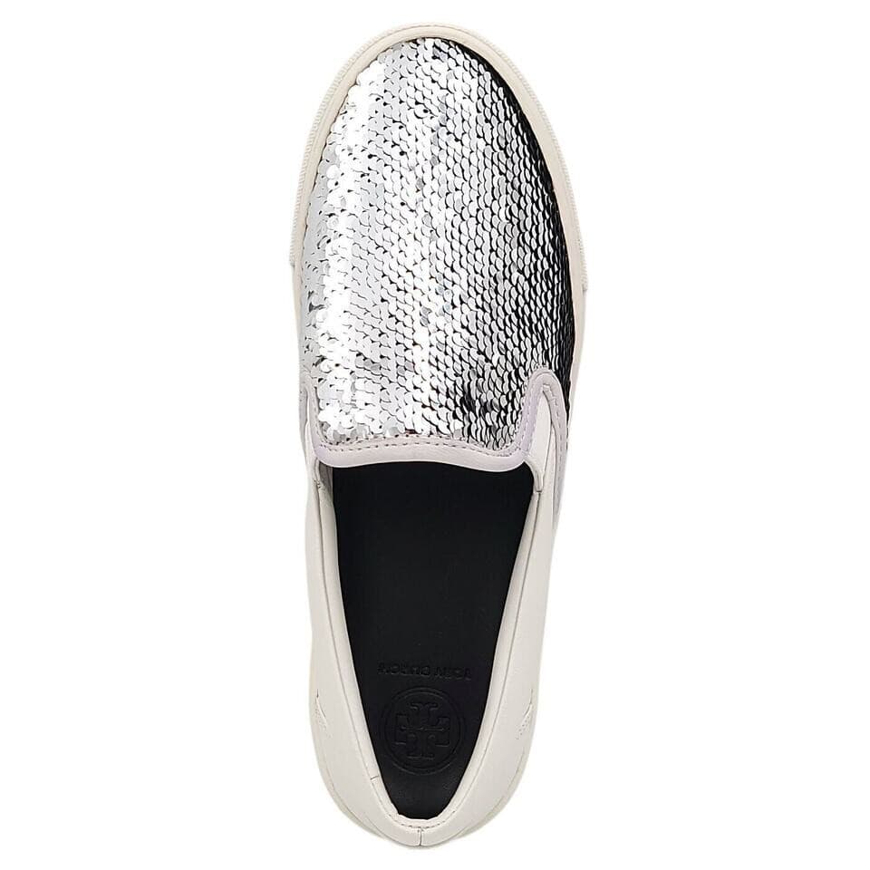 Tory Burch Carter Silver Sequin Embellished Slip On Sneaker White Leather US9.5M - Thumbnail 4