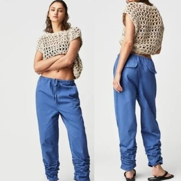 Free People Light Parachute Pants Pull-On Drawstring Pocket Cotton Blue Women XS - Thumbnail 4