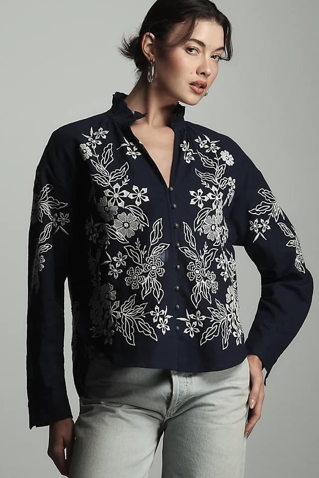 NWoT Pilcro Anthropologie Tavi Floral Embroidered Linen Blend Button Blouse Sz.S - Thumbnail 4