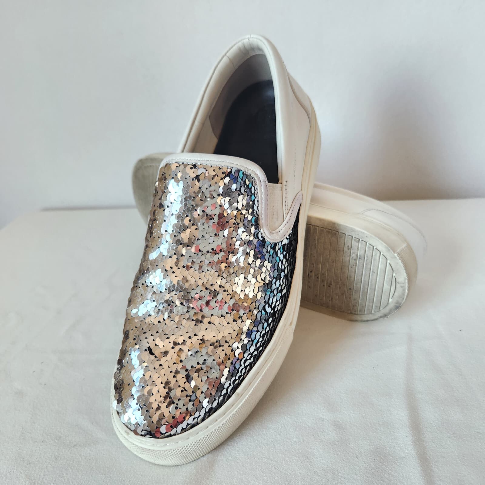 Tory Burch Carter Silver Sequin Embellished Slip On Sneaker White Leather US9.5M - Thumbnail 5