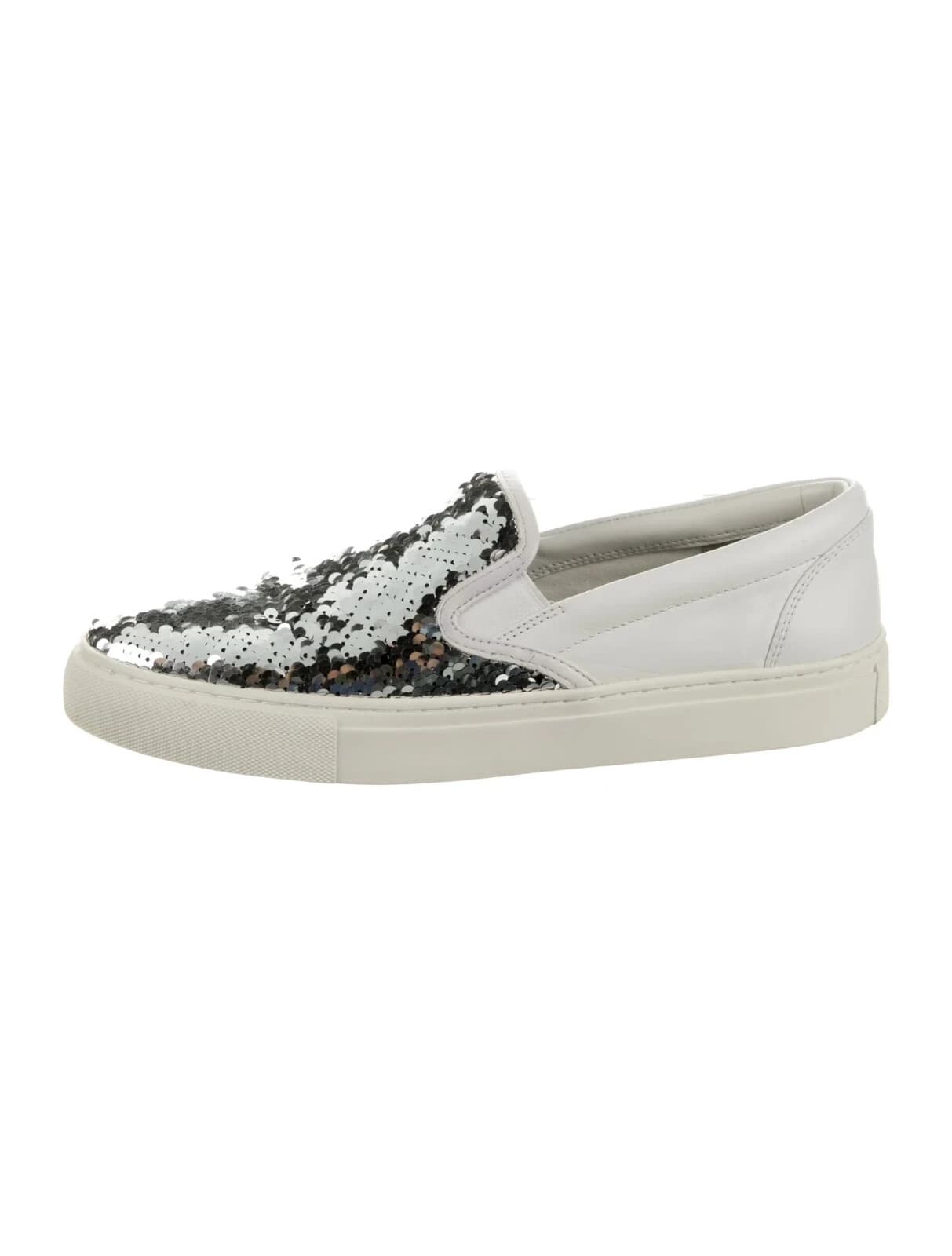 Tory Burch Carter Silver Sequin Embellished Slip On Sneaker White Leather US9.5M - Thumbnail 8