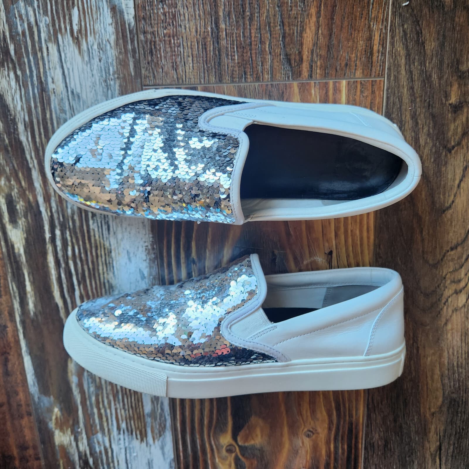 Tory Burch Carter Silver Sequin Embellished Slip On Sneaker White Leather US9.5M - Thumbnail 6