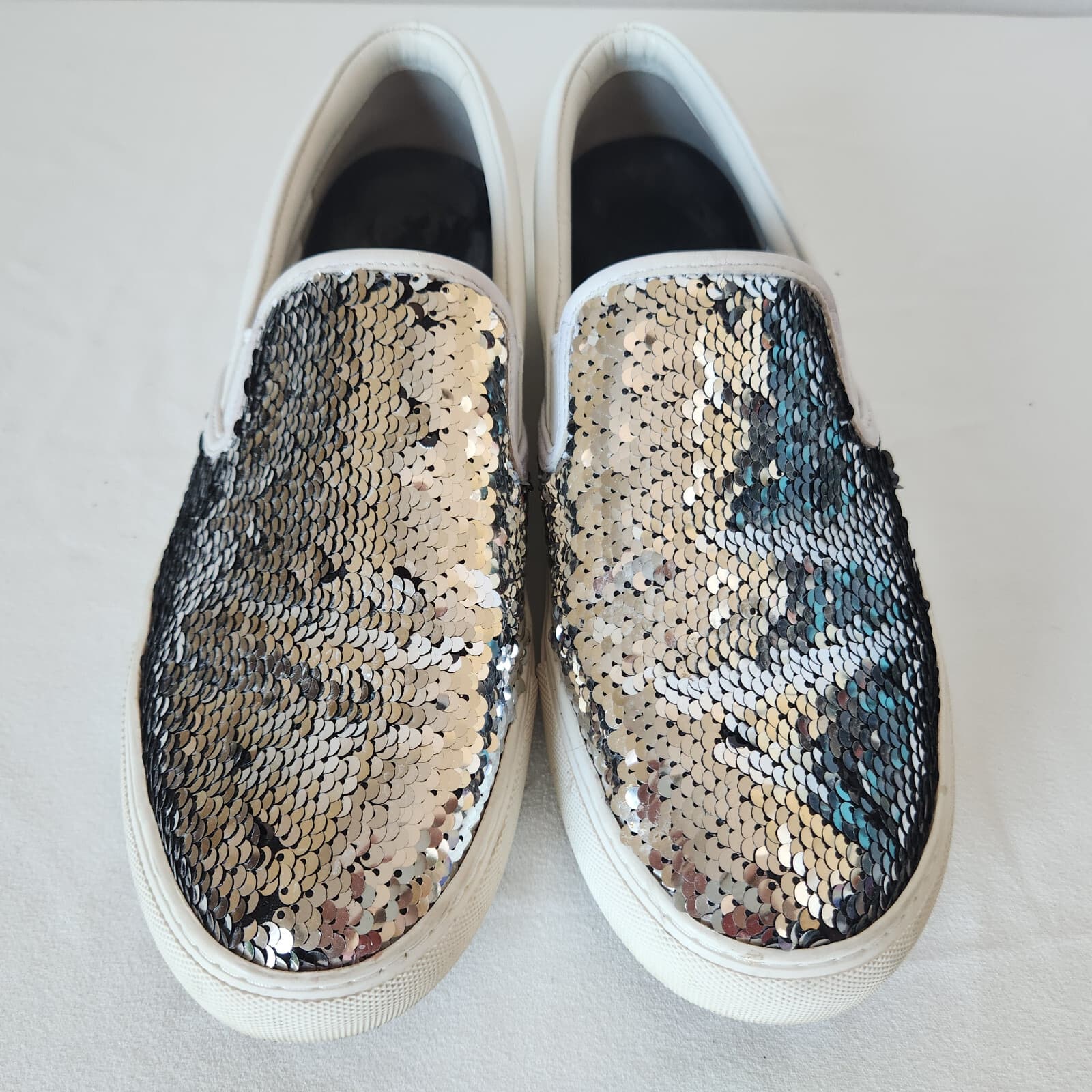 Tory Burch Carter Silver Sequin Embellished Slip On Sneaker White Leather US9.5M - Thumbnail 7