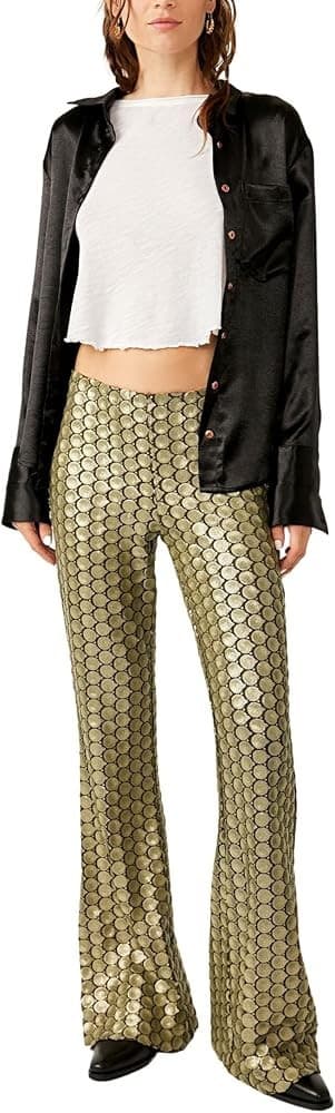 NWoT Free People Wilder Days Sequins 1970s-Retro Flare Pants Pullon Green Sz.2 - Thumbnail 4