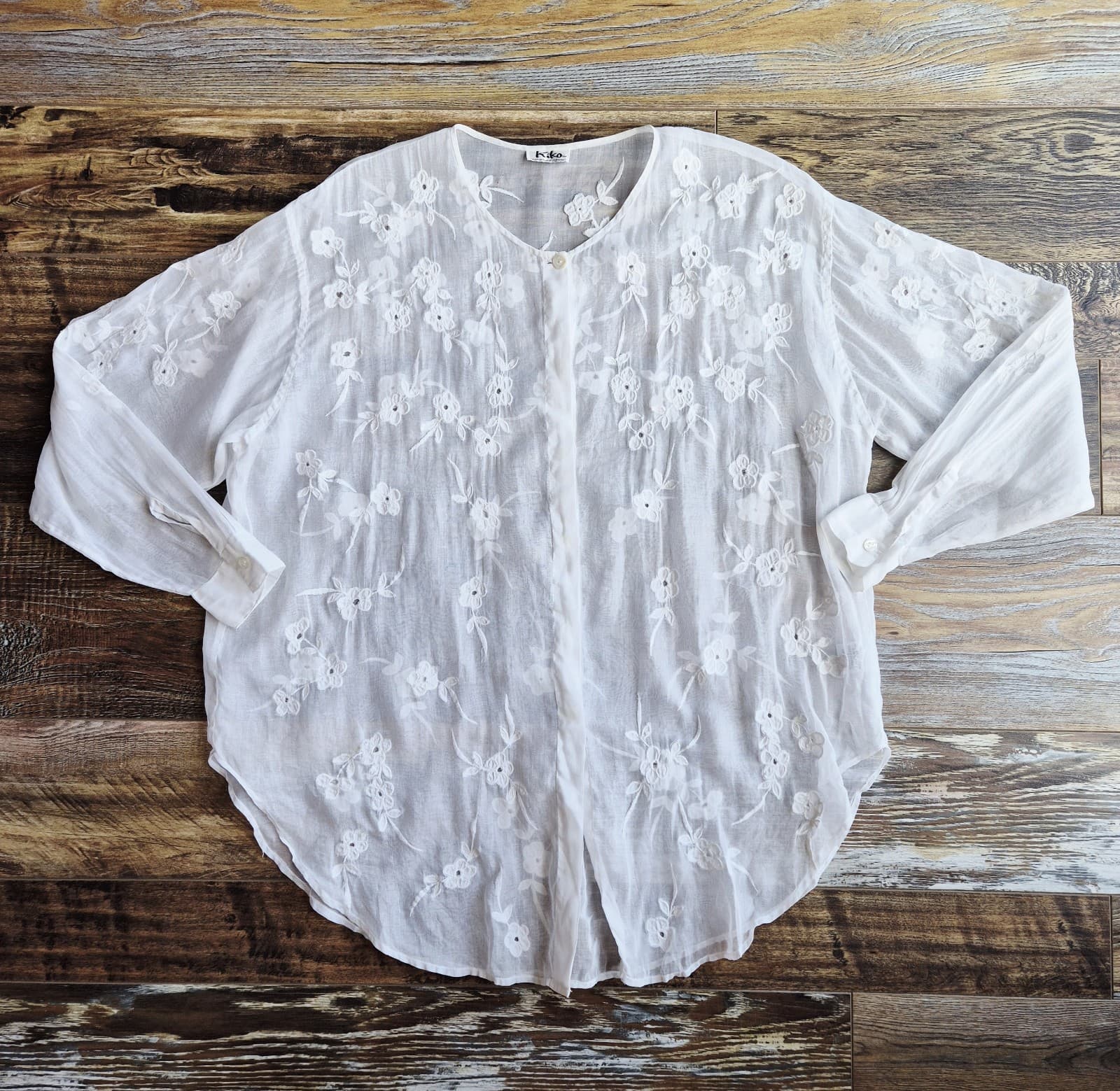 Kiko Comfortable Clothing Embroidered Blouse Sheer White Cotton Button-Front O/S - Thumbnail 3