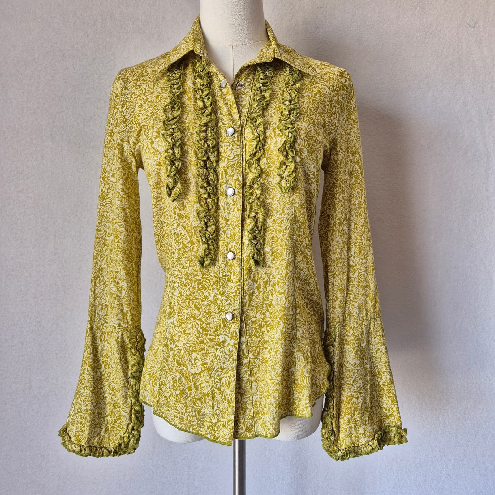 Vintage ANNA HULING USA Made Floral Ruffle Pearl Snap Western Shirt Green Sz.S - Thumbnail 2