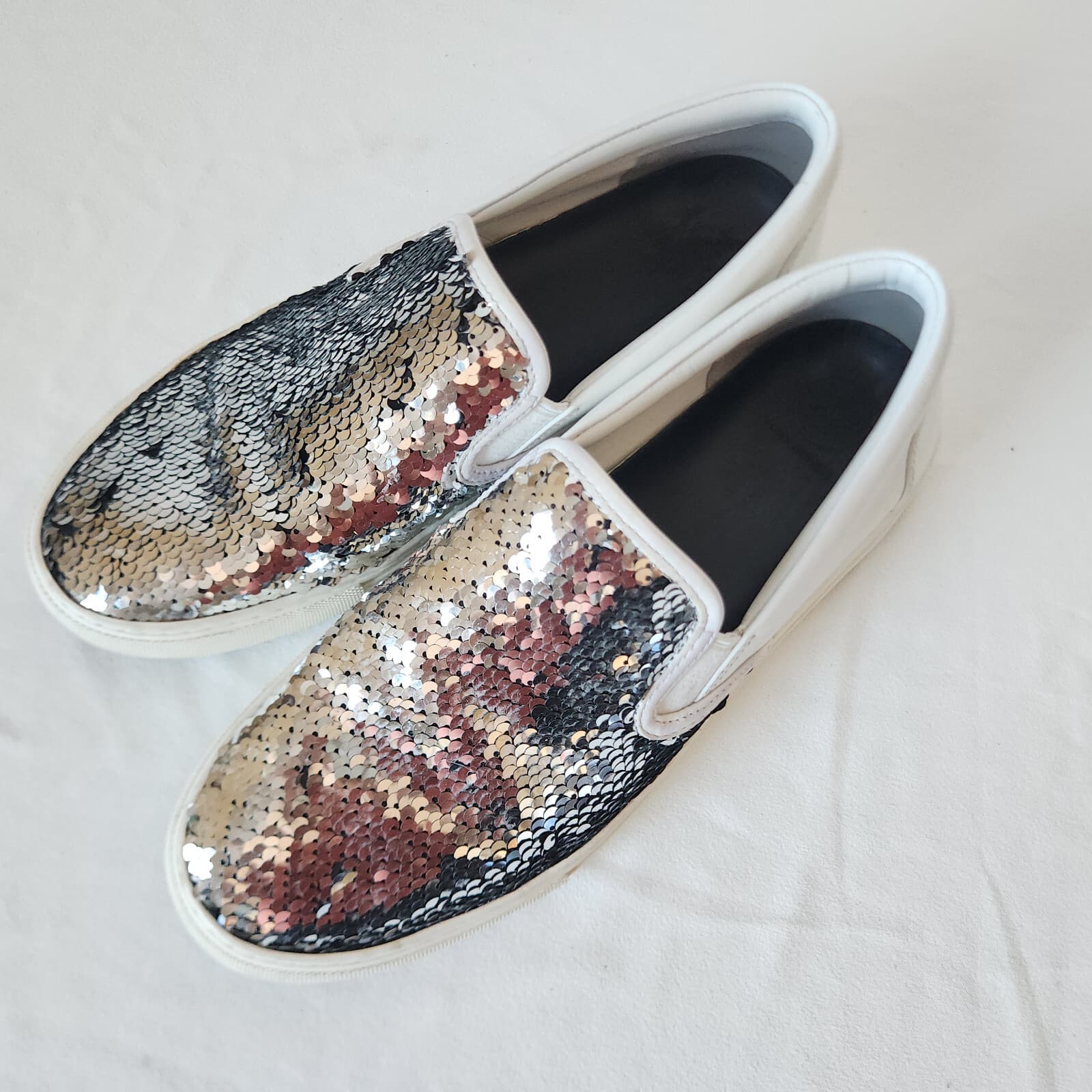 Tory Burch Carter Silver Sequin Embellished Slip On Sneaker White Leather US9.5M - Thumbnail 3