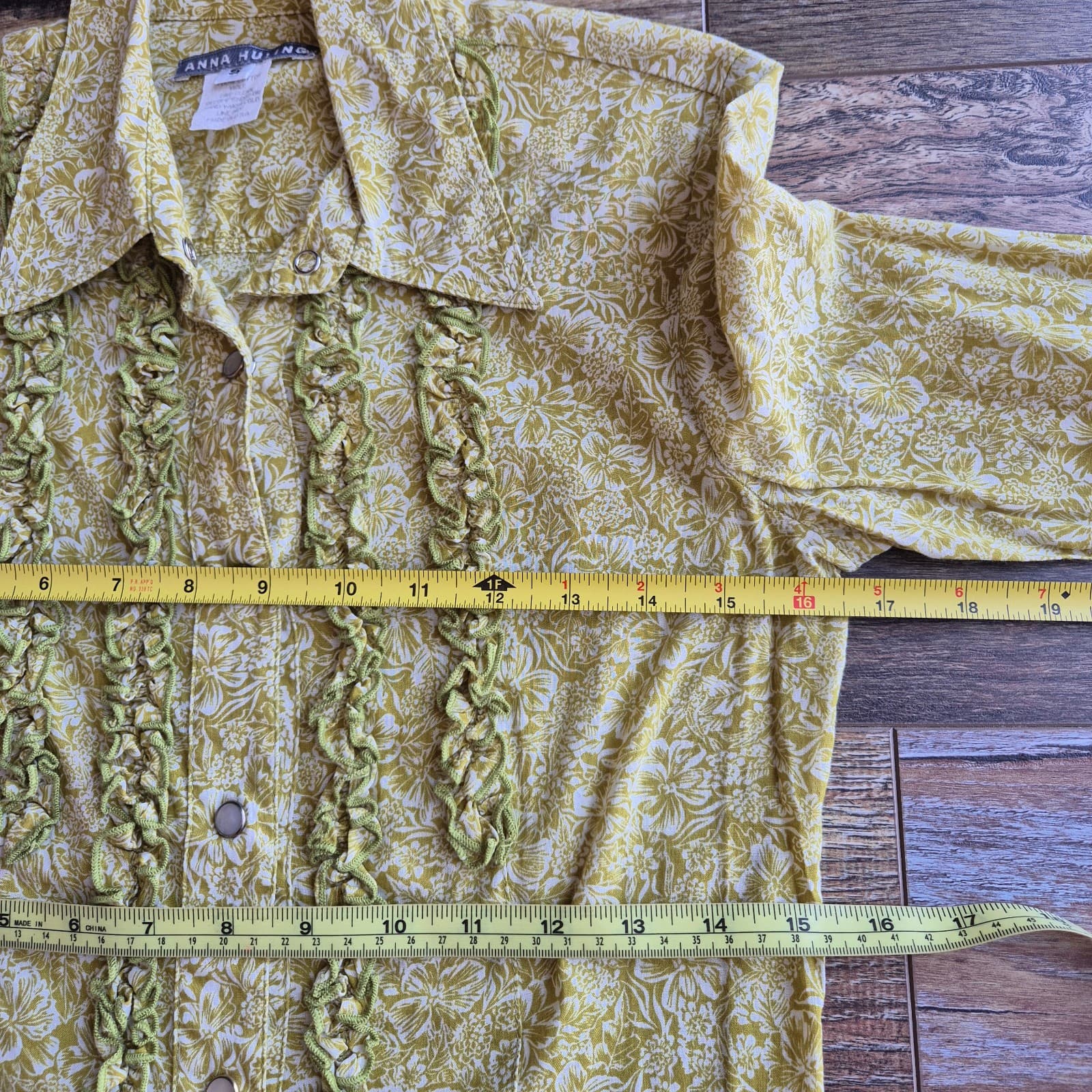 Vintage ANNA HULING USA Made Floral Ruffle Pearl Snap Western Shirt Green Sz.S - Thumbnail 11