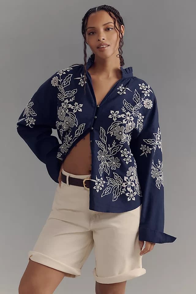 NWoT Pilcro Anthropologie Tavi Floral Embroidered Linen Blend Button Blouse Sz.S - Thumbnail 6